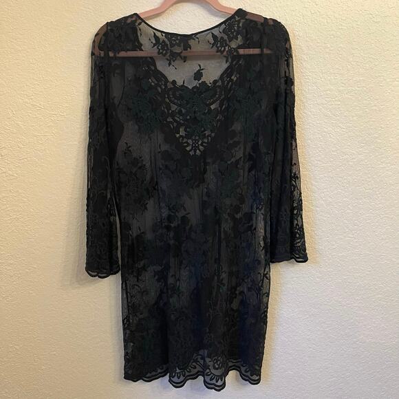 XCVI Black Lace Mesh Tunic Top XS Sheer Bell Sleeves Whimsigoth Dark Romantic - Picture 6 of 10